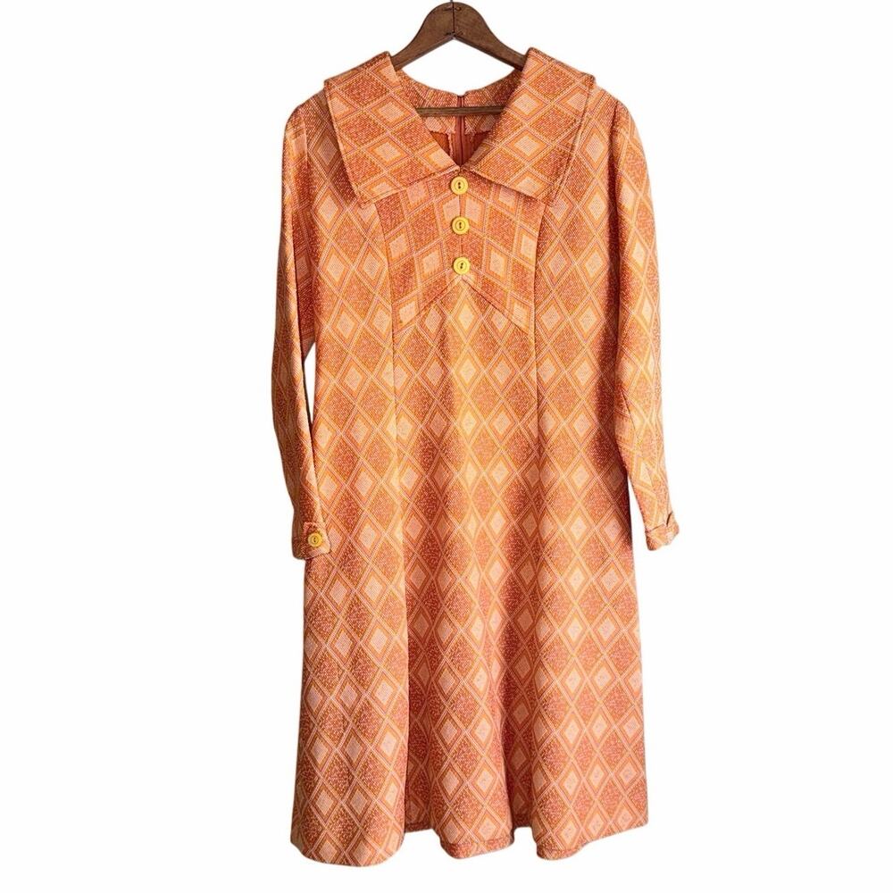Vintage 70s Handmade Orange Geometric Mod Dress Oversized Collar A Line retro